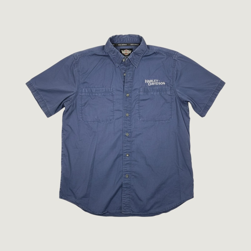 Harley-Davidson Mens XL Navy Blue Short Sleeve Button Down Work Shirt Graphic***
